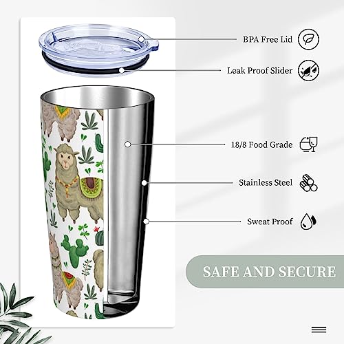 20oz Insulated Coffee Tumbler With Straw Stainless Steel Swig Tumblers,Travel Mugs Insulated For Hot And Cold,Reusable Thermal Water Bottle Cup For Car Camping Exercise（Llama Animal Cactus Floral ）