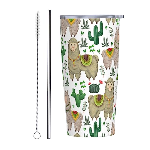 20oz Insulated Coffee Tumbler With Straw Stainless Steel Swig Tumblers,Travel Mugs Insulated For Hot And Cold,Reusable Thermal Water Bottle Cup For Car Camping Exercise（Llama Animal Cactus Floral ）