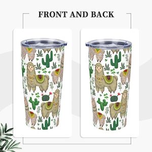 20oz Insulated Coffee Tumbler With Straw Stainless Steel Swig Tumblers,Travel Mugs Insulated For Hot And Cold,Reusable Thermal Water Bottle Cup For Car Camping Exercise（Llama Animal Cactus Floral ）