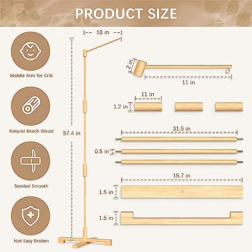 FEISIKE Baby Crib Mobile Arm, 57.4 Inch Mobile Arm for Crib Wooden Nursery Decor Hanger,Holder for DIY Mobile Baby Girl Boy,Hanging Attachment Set Upgrade Floor Stand