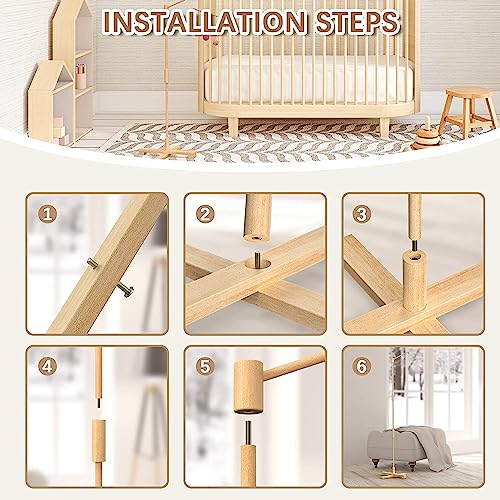 FEISIKE Baby Crib Mobile Arm, 57.4 Inch Mobile Arm for Crib Wooden Nursery Decor Hanger,Holder for DIY Mobile Baby Girl Boy,Hanging Attachment Set Upgrade Floor Stand