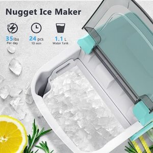 R.W.FLAME Portable Nugget Ice Maker Countertop, Ice Maker Machine with Auto Self-Cleaning,11000Pcs/35Lbs/24Hrs, Ice Scoop and Basket,Green Ice Machine for Home Office Bar Party