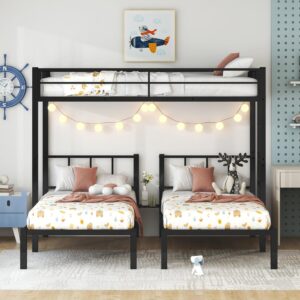 Harper & Bright Designs Triple Bunk Beds for Kids, Metal Twin Over Two Twin Bunk Bed Frame, 3 Beds Bunk Beds with Storage Shelf for Three Kids Boys Girls, Black