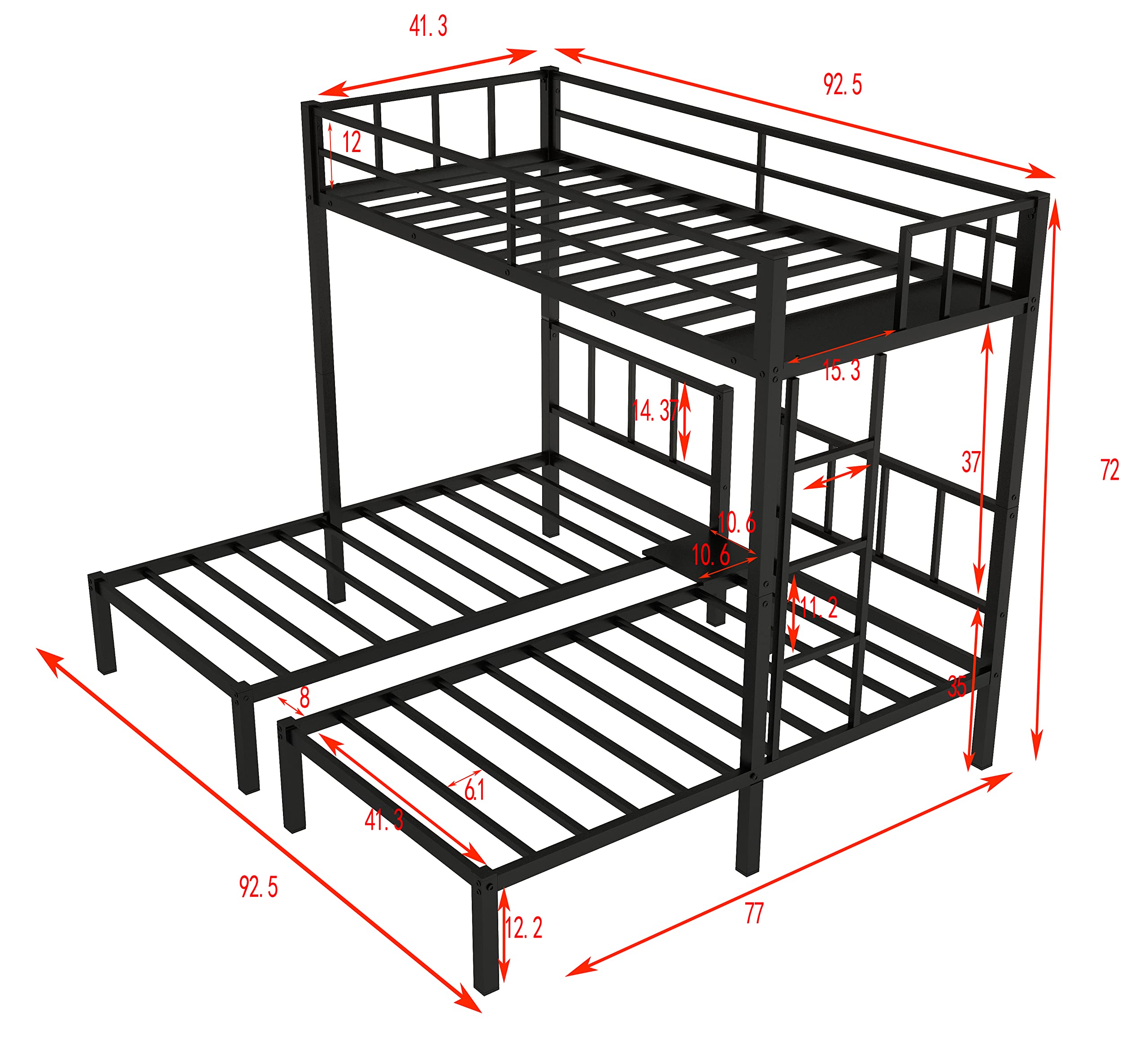 Harper & Bright Designs Triple Bunk Beds for Kids, Metal Twin Over Two Twin Bunk Bed Frame, 3 Beds Bunk Beds with Storage Shelf for Three Kids Boys Girls, Black