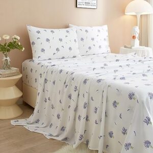 Extra Deep Pocket Full Sheets Set White - 4 Piece Floral Sheets Bed Sheets Fit 16 Mattress - Luxury Soft Cooling Sheets Fitted Sheets Full Size,Wrinkle Resistant,Full Sheets,Purple Floral Bed Sheets