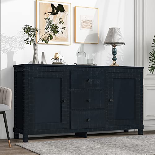 LOVMOR Solid Wood Retro Buffet Sideboard with 2 Storage Cabinets and 3 Drawers, Entryway Table Bar Cupboard with Adjustable Shelves for Living, Dining Room, Antique Black