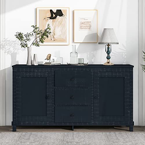 LOVMOR Solid Wood Retro Buffet Sideboard with 2 Storage Cabinets and 3 Drawers, Entryway Table Bar Cupboard with Adjustable Shelves for Living, Dining Room, Antique Black