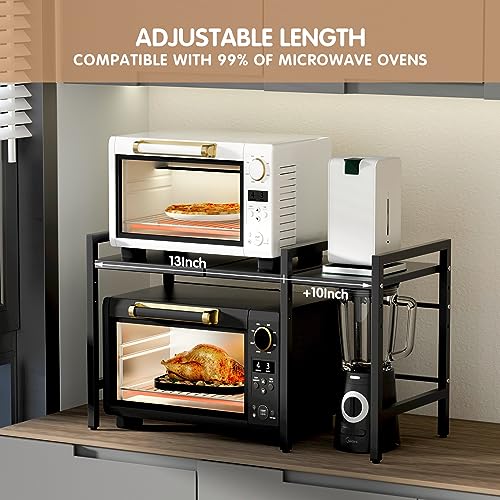 Rollwish Expandable Microwave Shelf, Oven Toaster Rack Kitchen Countertop Organizer, Adjustable Microwave Stand with 3 Hooks, 2Tire, (Size 13~23 "x12.5 x17), 60Lbs Capacity