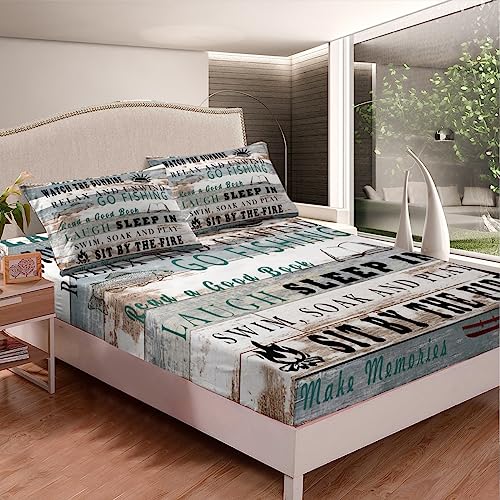 Erosebridal Lake Life Rv Fitted Sheet for Bedroom, Rustic Camper Bed Sheets Nautical Cabin Camp Bedding Set for Kids Teens Adult Men, Wooden Old Barn Sheets Lake House Decor for The Home, Twin