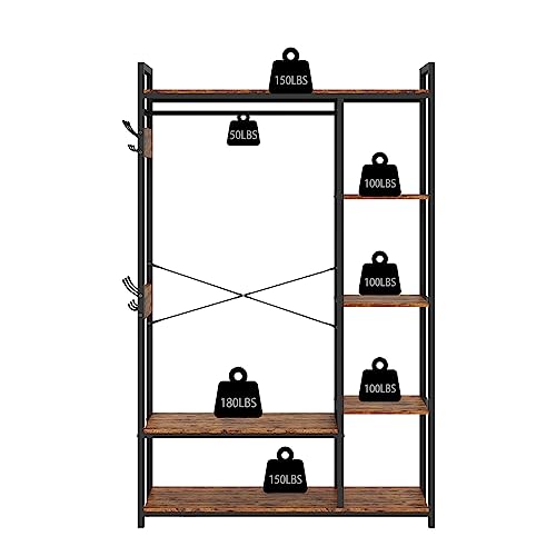 PKUGU Garment Rack with Storage, Garment Racks for Hanging Clothes, Mid Century Modern Clothes Racks, Clothing Rack with Shelves, with Hanging Rod, with 2 Cloth Boxes, for Bedroom, Rustic Brown