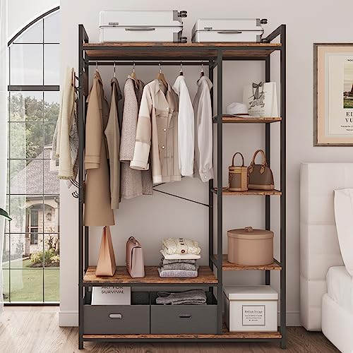 PKUGU Garment Rack with Storage, Garment Racks for Hanging Clothes, Mid Century Modern Clothes Racks, Clothing Rack with Shelves, with Hanging Rod, with 2 Cloth Boxes, for Bedroom, Rustic Brown