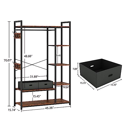 PKUGU Garment Rack with Storage, Garment Racks for Hanging Clothes, Mid Century Modern Clothes Racks, Clothing Rack with Shelves, with Hanging Rod, with 2 Cloth Boxes, for Bedroom, Rustic Brown