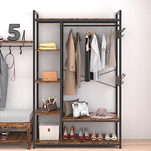 PKUGU Garment Rack with Storage, Garment Racks for Hanging Clothes, Mid Century Modern Clothes Racks, Clothing Rack with Shelves, with Hanging Rod, with 2 Cloth Boxes, for Bedroom, Rustic Brown