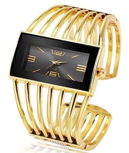 senrud fashion cuff bracelet watches for women luxury rectangular dial analog quartz wrist watch gifts for ladies (gold black)