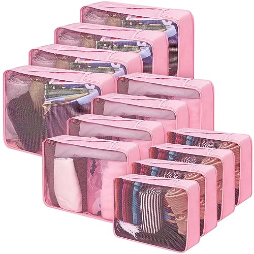 Silkfly 12 Pcs Packing Cubes for Suitcase Travel Luggage Bags Bulk Mesh Organizer Set for Hiking Camping Backpacking Clothes Accessories (Pink,XL, L, M Size)