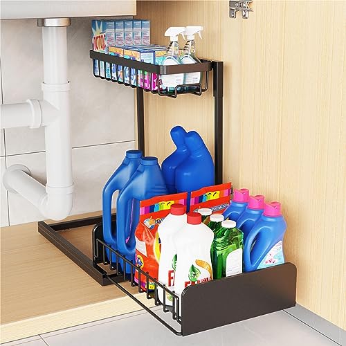 2 Pack Under Sink Organizers and Storage, Metal Pull Out Cabinet Organizer with Sliding Drawer, Slide Out Under Sink Organizer Shelf, Multi-Use for Kitchen Bathroom Organization