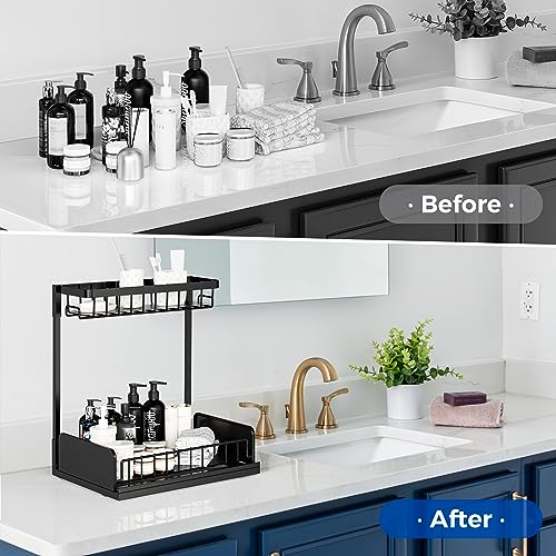 2 Pack Under Sink Organizers and Storage, Metal Pull Out Cabinet Organizer with Sliding Drawer, Slide Out Under Sink Organizer Shelf, Multi-Use for Kitchen Bathroom Organization