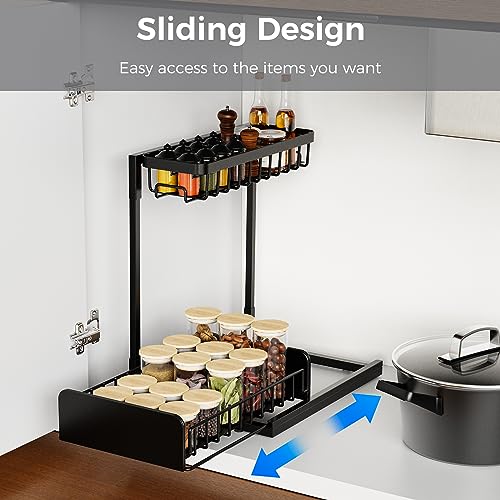 2 Pack Under Sink Organizers and Storage, Metal Pull Out Cabinet Organizer with Sliding Drawer, Slide Out Under Sink Organizer Shelf, Multi-Use for Kitchen Bathroom Organization