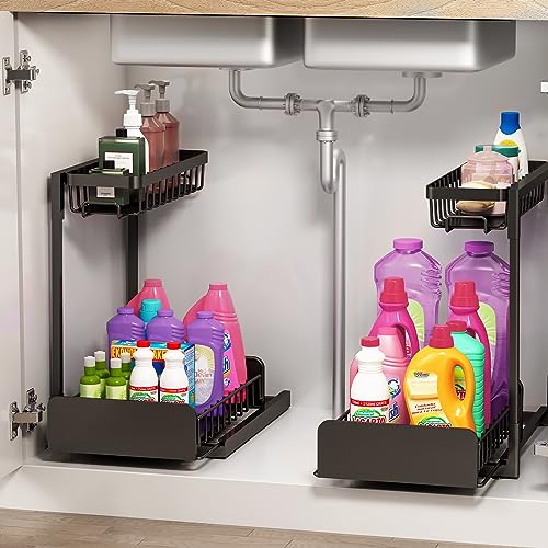 2 Pack Under Sink Organizers and Storage, Metal Pull Out Cabinet Organizer with Sliding Drawer, Slide Out Under Sink Organizer Shelf, Multi-Use for Kitchen Bathroom Organization