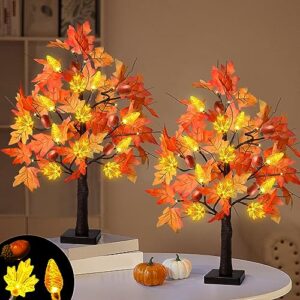 surcvio 2 pack 24 inch prelit fall maple tree fall decor with 48 leds timer battery operated pinecones acorns artificial autumn maple tree for thanksgiving harvest indoor outdoor home decorations