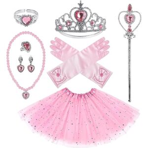 bibuty princess dress up accessories princess crown for little girls, 10pcs princess jewelry set with girls tutu skirt princess gloves tiara wand, costume set toy gift for 3 4 5 6 year toddler girls