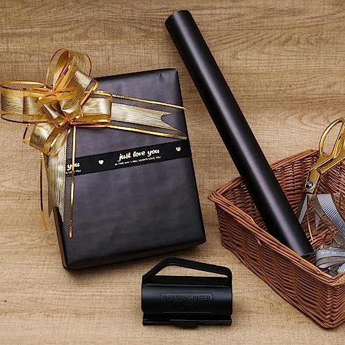 THMORT Matte Black Wrapping Paper Roll with a Cutter Kit for Birthday,Wedding,Christmas,Baby Shower,17 Inch X 33 Feet Pure Solid color All Occasions Wrapping Paper for Gift wrapping.