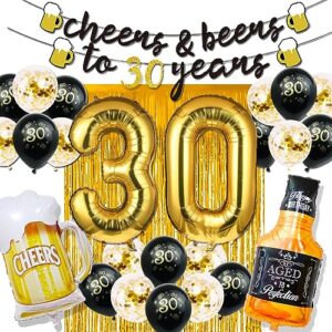 30th birthday decorations for him, 30 birthday decorations with 40 inch gold 30 number balloons, cheers to 30 years banner,fringe curtains and cups foil balloons