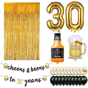 30th Birthday Decorations for Him, 30 Birthday Decorations with 40 Inch Gold 30 Number Balloons, Cheers to 30 Years Banner,Fringe Curtains and Cups Foil Balloons