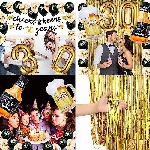 30th Birthday Decorations for Him, 30 Birthday Decorations with 40 Inch Gold 30 Number Balloons, Cheers to 30 Years Banner,Fringe Curtains and Cups Foil Balloons