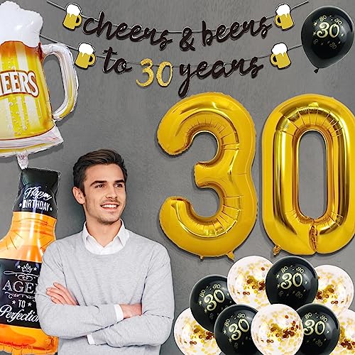 30th Birthday Decorations for Him, 30 Birthday Decorations with 40 Inch Gold 30 Number Balloons, Cheers to 30 Years Banner,Fringe Curtains and Cups Foil Balloons