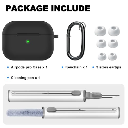 Linsaner for AirPods Pro Case Cover with Cleaning Pen and Replacement Eartips(S/M/L), Full Protective Silicone Skin Accessories for Women Men Girl with Apple AirPods Pro Case,Front LED Visible，Black