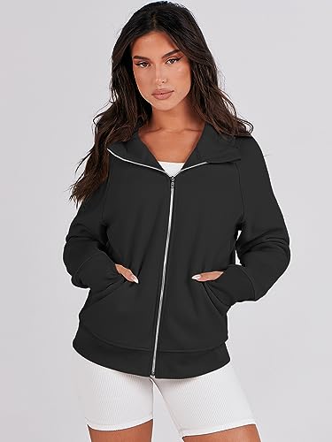 ANRABESS Women's Hoodies 2023 Fall Jacket Cropped Hooded Sweater Casual Long Sleeve Sweatshirts Full Zip Up Trendy Clothes Teen Girl Y2K Winter Cute Tops 1128heise-M Black