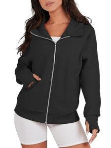 anrabess women's hoodies 2023 fall jacket cropped hooded sweater casual long sleeve sweatshirts full zip up trendy clothes teen girl y2k winter cute tops 1128heise-m black
