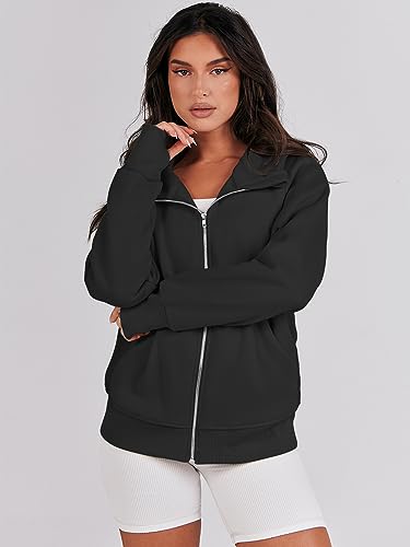 ANRABESS Women's Hoodies 2023 Fall Jacket Cropped Hooded Sweater Casual Long Sleeve Sweatshirts Full Zip Up Trendy Clothes Teen Girl Y2K Winter Cute Tops 1128heise-M Black