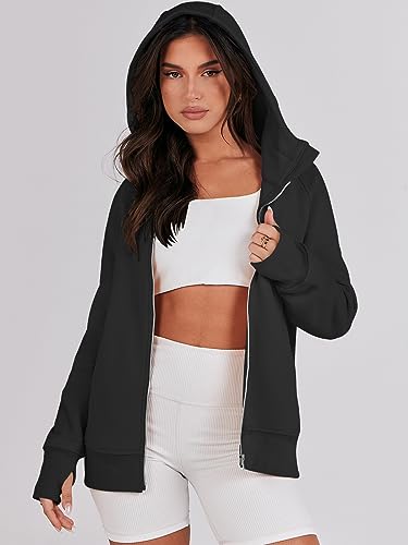 ANRABESS Women's Hoodies 2023 Fall Jacket Cropped Hooded Sweater Casual Long Sleeve Sweatshirts Full Zip Up Trendy Clothes Teen Girl Y2K Winter Cute Tops 1128heise-M Black