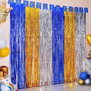 lolstar 2 pack navy blue gold and silver party decorations 3.3x6.6 ft each foil fringe tinsel curtains backdrop, streamers - perfect for birthdays, showers, retirement， graduations, weddings