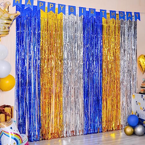 LOLStar 2 Pack Navy Blue Gold and Silver Party Decorations 3.3X6.6 ft Each Foil Fringe Tinsel Curtains Backdrop, Streamers - Perfect for Birthdays, Showers, Retirement， Graduations, Weddings