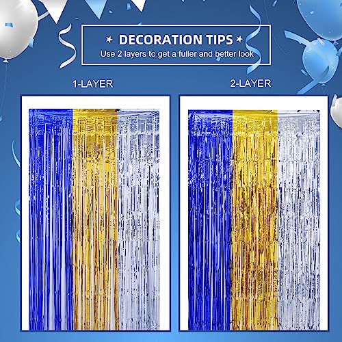 LOLStar 2 Pack Navy Blue Gold and Silver Party Decorations 3.3X6.6 ft Each Foil Fringe Tinsel Curtains Backdrop, Streamers - Perfect for Birthdays, Showers, Retirement， Graduations, Weddings