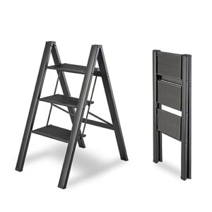 3 step ladder, black aluminum ladder,330lbs load capacity, folding step stool with wide anti-slip pedal,lightweight and portable for home&kitchen space saving.