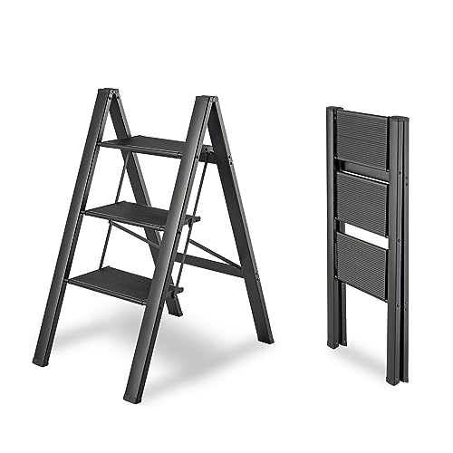 3 Step Ladder, Black Aluminum Ladder,330lbs Load Capacity, Folding Step Stool with Wide Anti-Slip Pedal,Lightweight and Portable for Home&Kitchen Space Saving.