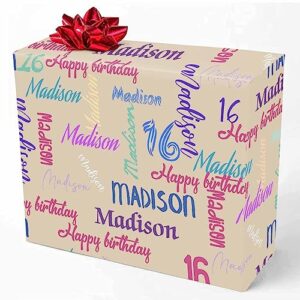 m yescustom custom wrapping paper roll with name for birthday gift wrap, customized wrapping paper with happy birthday font print for dad mom boys girls friends lover