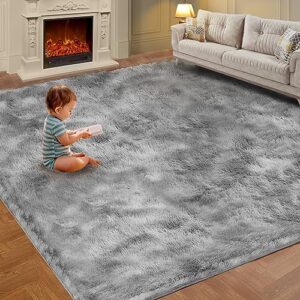 ultra soft indoor modern area rugs, 5x7 tie-dyed light grey large area rugs for living room, fluffy shag fuzzy soft carpet for bedroom, kids home decor aesthetic, nursery, upgrade anti-skid durable