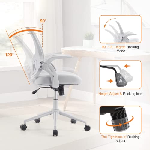 Office Chair, Ergonomic Home Office Desk Chairs, Breathable Mesh Back Lumbar Support Computer Chair, Adjustable Height Comfy Swivel Task Chair with Flip-up Arms & Wheels, Grey