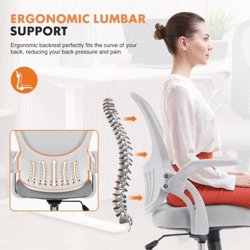 Office Chair, Ergonomic Home Office Desk Chairs, Breathable Mesh Back Lumbar Support Computer Chair, Adjustable Height Comfy Swivel Task Chair with Flip-up Arms & Wheels, Grey