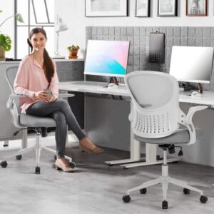 Office Chair, Ergonomic Home Office Desk Chairs, Breathable Mesh Back Lumbar Support Computer Chair, Adjustable Height Comfy Swivel Task Chair with Flip-up Arms & Wheels, Grey