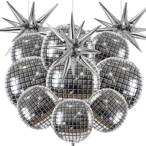cadeya 12 pcs disco ball balloons, huge silver explosion star aluminum foil balloons for birthday, bachelorette party, silver party, 70s 80s 90s theme disco party decorations supplies