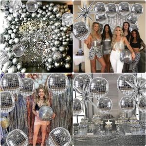 Cadeya 12 Pcs Disco Ball Balloons, Huge Silver Explosion Star Aluminum Foil Balloons for Birthday, Bachelorette Party, Silver Party, 70s 80s 90s Theme Disco Party Decorations Supplies