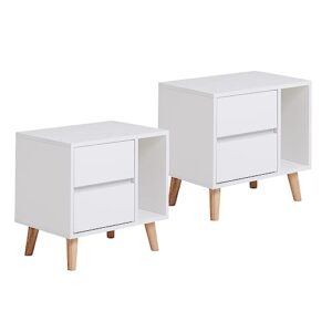 clipop set of 2 modern nightstand with 2 drawers, open shelf, solid wood legs, wood bedside table with vertical open storage, end side table for bedroom living room (white)