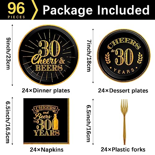 96 Pcs Cheers 30th Birthday Plates and Napkins Party Supplies Cheers to 30 Years Tableware Set 30th Party Birthday Decorations Favors for Men Women Serves 24