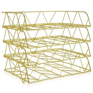 yeaqee 4 tier stackable paper tray gold desk organizer rack metal letter desk file organizer horizontal holder file trays for desk office desktop school supplies and accessories